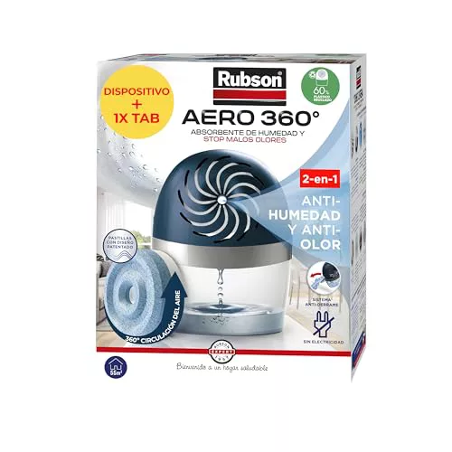 Rubson AERO 360º Deshumidificador recargable (1 dispositivo y 1 tableta de 450 g), absorbe humedad, previene la condensación y los malos olores, antihumedad absorbente
