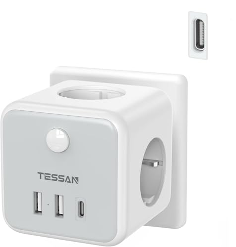 TESSAN Ladron Enchufes con USB C, 6 en 1 Cubo Cargador Ladrón Enchufes, Triple Multiple con 3 USB, Multiple Pared con Interruptor, Regleta Pared Compatible con Phone, Pad, Hogar Oficina