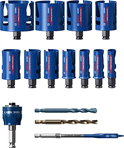 Bosch Professional 15 uds. Set de Sierra de Corona Expert Construction Material (para Madera blanda, Ø 20-76 mm, Accesorios Taladro de impacto rotativo)