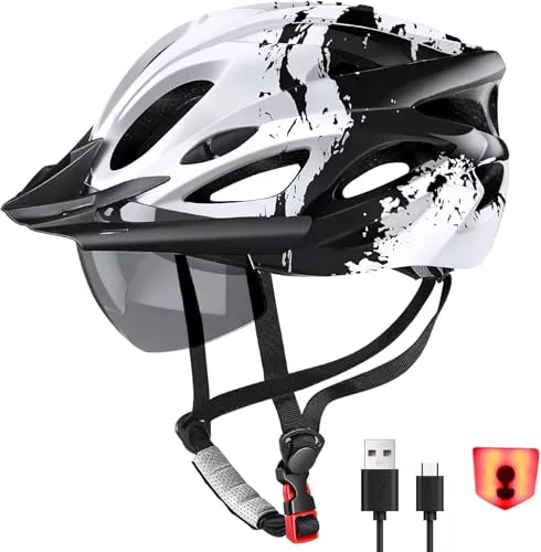 Casco de Bicicleta RaMokey con Protección para Los Ojos Luces Traseras LED Cable de Carga USB Extraíble Gafas Protectoras Magnéticas Casco Transpirable y Ajustable para Mujeres y Hombres 57-61cm