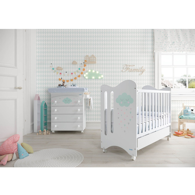 Mueble de cajones bañera y cambiador disponible en blanco con estrellas en gris