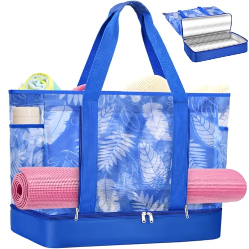 NEWIROVE Bolso Playa Grande XXL Familiar Bolso Playa Mujer Cremallera Bolsa Playa Rejilla con Termica Tote Bag Playa Ligero Bolsa Piscina Multibolsillos Bolsos Grandes Mujer para Viaje Compras