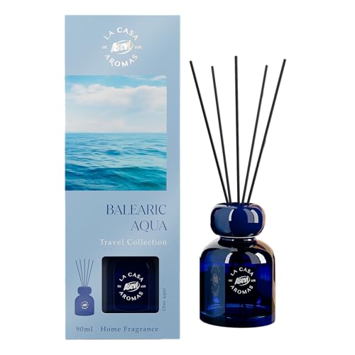 Ambientador ASEVI Mikado Balearic Aqua - Travel Collection - Difusor de Varillas 90 ml - Inspirado en el Mediterráneo - Fragancia Sensorial y Duradera - Objeto Decorativo con Personalidad