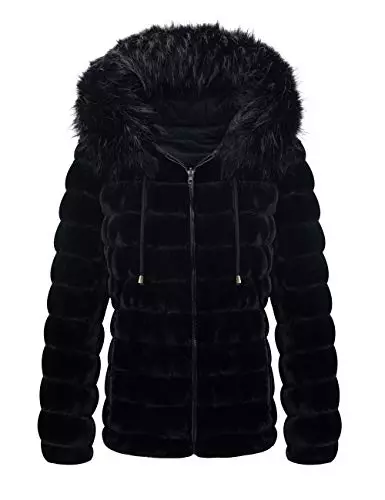 Giolshon Chaqueta Reversible de piel Sintética para Mujer, Abrigo Acolchado con Capucha Cálido de Invierno 19225 Negro XXL