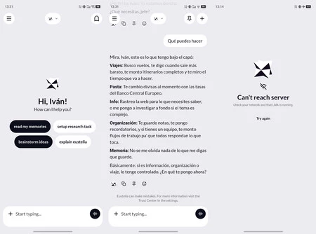 Inicio de Eustella y chat de ejemplo (izquierda y centro). El chatbot necesita Internet (derecha)