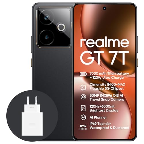 realme GT 7T 5G Smartphone,12+256GB, Batería de 7000 mAh,Carga de 120W,Procesador Dimensity 8400-MAX,IMX896 50MP Cámara,AI Planner,Pantalla Pro-Esports de 6000 nits120Hz,IP69,Negro
