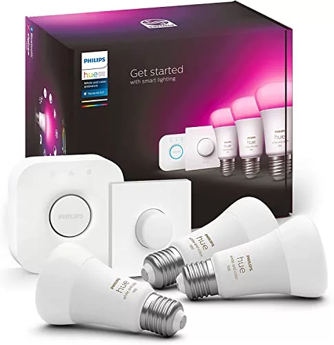 Philips Hue - Bombilla Inteligente, A60 E27, Luz Blanca y de Colores, 9W (Eq. 75W) 1100 lm, Compatible con Alexa y Google Home - Pack de 3 Bombillas LED + Botón Inteligente + Hue Bridge