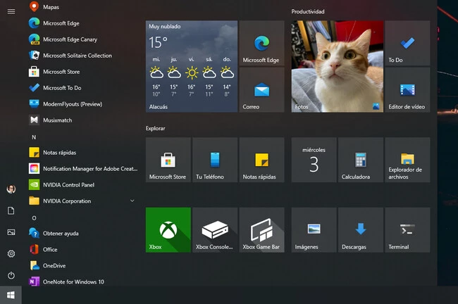 Menu Inicio Windows 10 2021