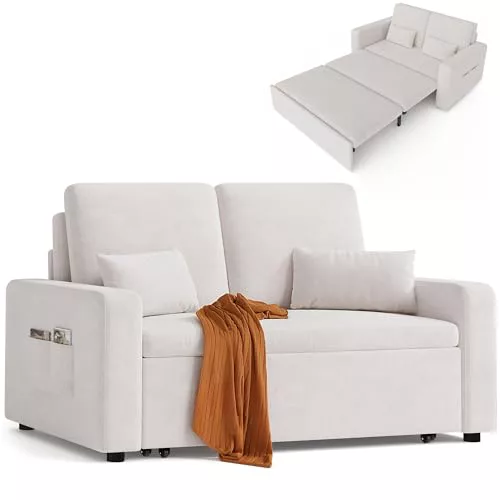 Xbro Sofa Cama 2 Plazas, Sillón Convertible 3 en 1 con Cama, Dos Bolsillos de Almacenamiento, Tapizado en Terciopelo, 147 x 196 x 87cm, Incluye Dos Cojines,Beige