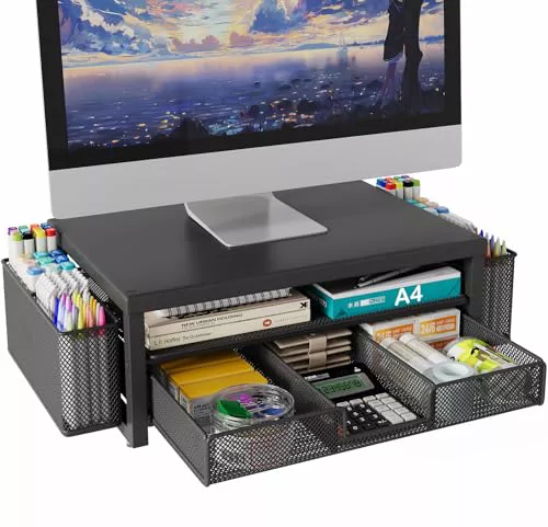 BOKIOVIN Metal Soporte Monitor Escritorio Organizador con Cajón y 2 Portalapices, Elevador Monitor Stand Escritorio, Artículos de Oficina Accesorios