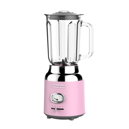 Westinghouse - Batidora retro con contenedor de cristal de 1,5 l, 3 velocidades, función pulsante, 6 cuchillas especiales, acero inoxidable, patas antideslizantes, sin BPA, 600 W, rosa