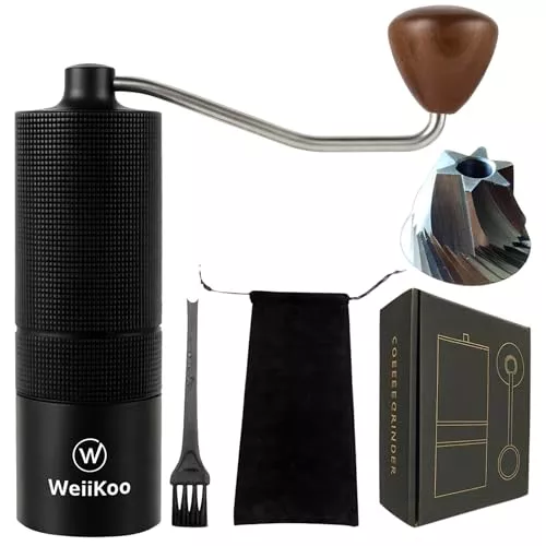 WEIIKOO Molinillo Café Manual 25 g, Aluminio Anodizado sin Plástico, Muelas Cónicas Hexagonales de Acero Inoxidable, Mango de Nogal, Molienda Ajustable para Espresso, Moka y Prensa Francesa