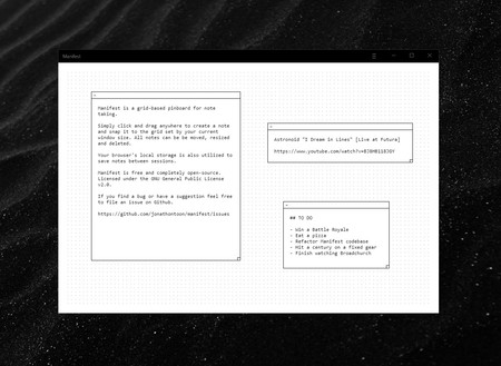 Manifest: toma notas dentro de un tablero minimalista y retro en una pestaña de tu navegador