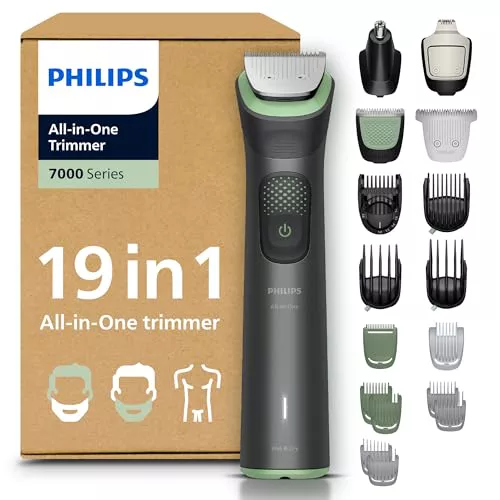 Philips Recortadora todo en uno de 19 en 1 Serie 7000 - Afeitadora y cortapelos hombre para rostro, cabeza y cuerpo, cuchillas de acero autoafilables, 26 longitudes, recargable, MG7962/30