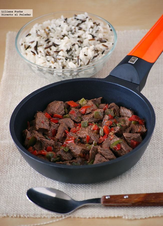 Salteado de ternera marinada. Receta