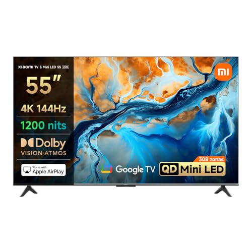 XIAOMI TV S Mini 55", Diseño sin Bordes, Google TV, QD-Mini LED, 1200 nits de Brillo máximo, Alta tasa de refresco 4K de 144 H,Ultra Fluido para Gaming, Dolby Vision IQ & Dolby Atmos,Google Assistant