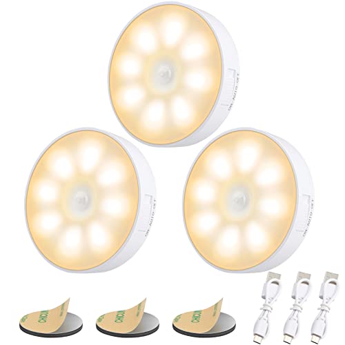 Electight Luz Nocturna LED Recargable por USB [3 Packs], Sensor de Movimiento para Interiores, 8 LED, 3 Modos (AUTO/ON/Off), para Armarios, Pasillo, Escaleras, Gabinete, Entrada (Amarillo Cálido)
