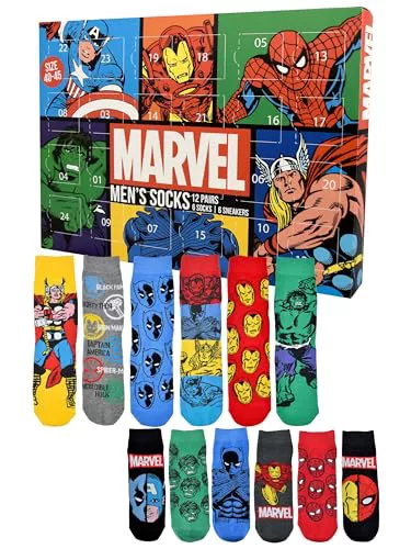 United Labels Marvel - Calendario de Adviento con 12 pares de calcetines para hombre, tamaño 40-45, calendario con zapatillas y calcetines largos, calendario navideño de regalo