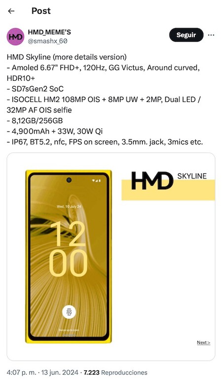 HMD Skyline (more details version) - Amoled 6.67" FHD+, 120Hz, GG Victus, Around curved, HDR10+ - SD7sGen2 SoC - ISOCELL HM2 108MP OIS + 8MP UW + 2MP, Dual LED / 32MP AF OIS selfie  - 8,12GB/256GB - 4,900mAh + 33W, 30W Qi - IP67, BT5.2, nfc, FPS on screen, 3.5mm. jack, 3mics etc.