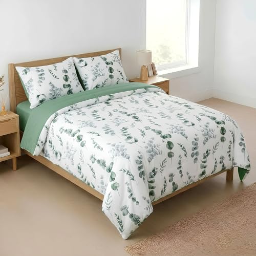 H HANSEL HOME Juego de Funda Nórdica Cama 135-4 Piezas - Microfibra Transpirable - Funda Edredón 220x220 cm, Bajera 135x200+30 cm, 2 Fundas de Almohada 50x70 cm - Estampada Eucalipto