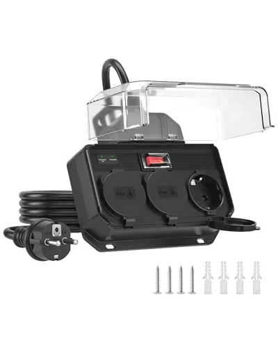 Regleta Enchufes Exterior IP44,Regleta 3 Tomas con Proteccion Sobretension