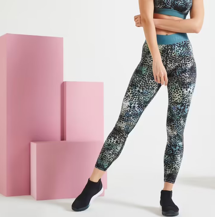 Mallas leggings largas de talle alto fitness para el gym Domyos de mujer animal