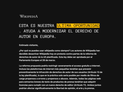 La Wikipedia se apaga y PornHub, Twitch y Reddit protestan contra la nueva directiva de copyright europea