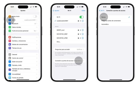 No permitir que el iPhone se conecte automáticamente a puntos de acceso