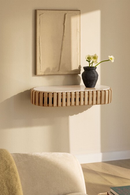 Consola Recibidor De Pared 90x40 Cm En Madera De Mango Y Piedra Natural Bytum