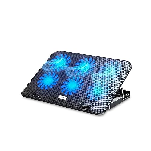 NK Base Refrigeradora Portátil - Ventilador Ordenador Portatil de 12-17" con Soporte Ajustable 5 Alturas, 6 Ventiladores Silenciosos, 2 Puertos USB, Refrigeración Rápida, Luz LED Azul - Color Negro