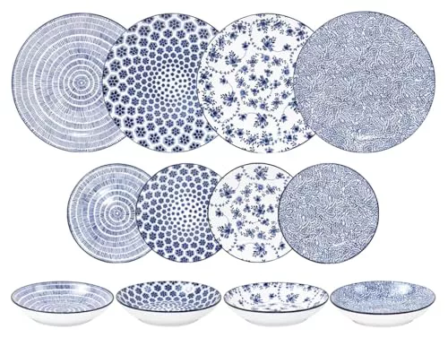 IBILI - Vajilla de 12 Piezas Armonia Azul, Platos de Porcelana para 4 personas
