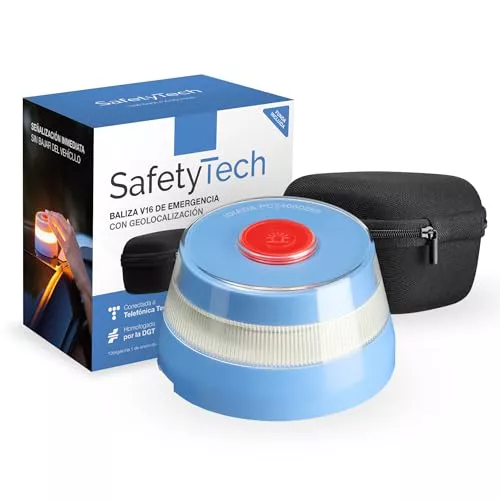 SafetyTech - Luz Emergencia Coche Homologado DGT, con SIM Telefónica y Datos Gratis hasta 2038, Baliza V16 Homologada DGT con Geolocalizador 3.0 + Funda Accesorios Coche, V16 con Geolocalización