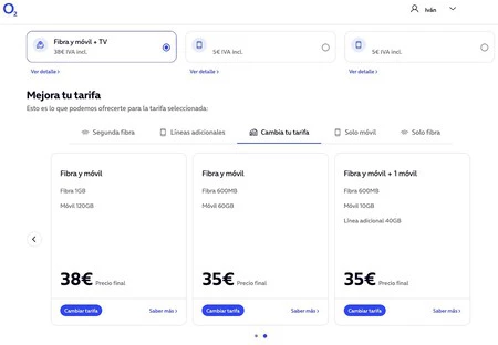 Selector de tarifas en el ára de cliente de O2