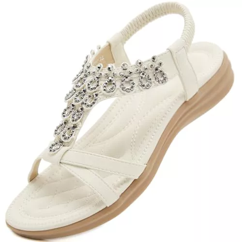 Acfoda Sandalias Mujer Verano Planas Ortopedicas Chanclas Bohemio Sandalias de Playa Casual Cómodas Zapatos Blanco 41