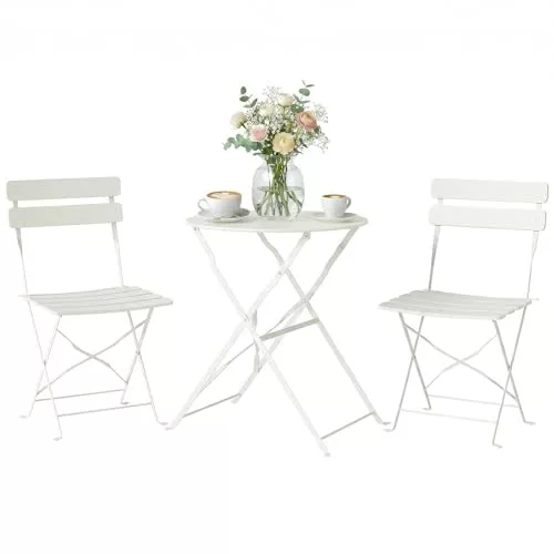 Outsunny Conjunto de Mesa y Sillas de Terraza Exterior Plegable 3 Piezas, Muebles de Jardín Exterior con 2 Sillas Plegables, Mesa Redonda, Estructura Metálica Electrofórica para Patio, Balcón, Crema