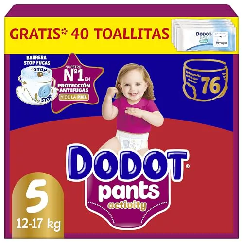 Dodot Pañal-Braguita Activity Pants , Talla 5, 76 Pañales + Regalo de 1 Pack de 40 Toallitas