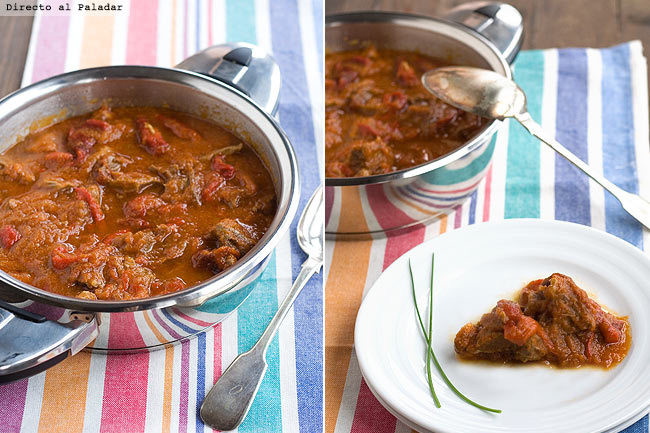 Carne con pimientos asados en salsa de tomate, receta de aprovechamiento