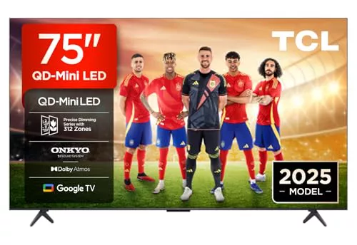TCL 75Q6C Televisor 75 Pulgadas QD-Mini LED 4K Smart TV, 1000 nits, 144Hz Motion Clarity Pro, Onkyo 2.1, Game Master, FreeSync, Google TV, Dolby Vision IQ y Atmos