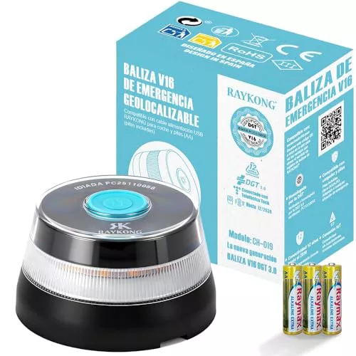 RAYKONG Baliza V16 Geolocalización DGT | Luz Emergencia Coche Homologada y Conectada DGT 3.0 | SIM y Datos Pagados hasta 12/2038 | 1 Unidad