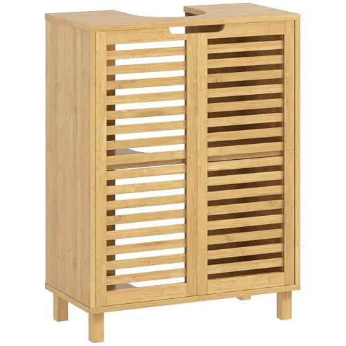 HOMCOM Mueble Bajo Lavabo 2 Puertas de Lamas de Bambú 60x30x80cm Natural