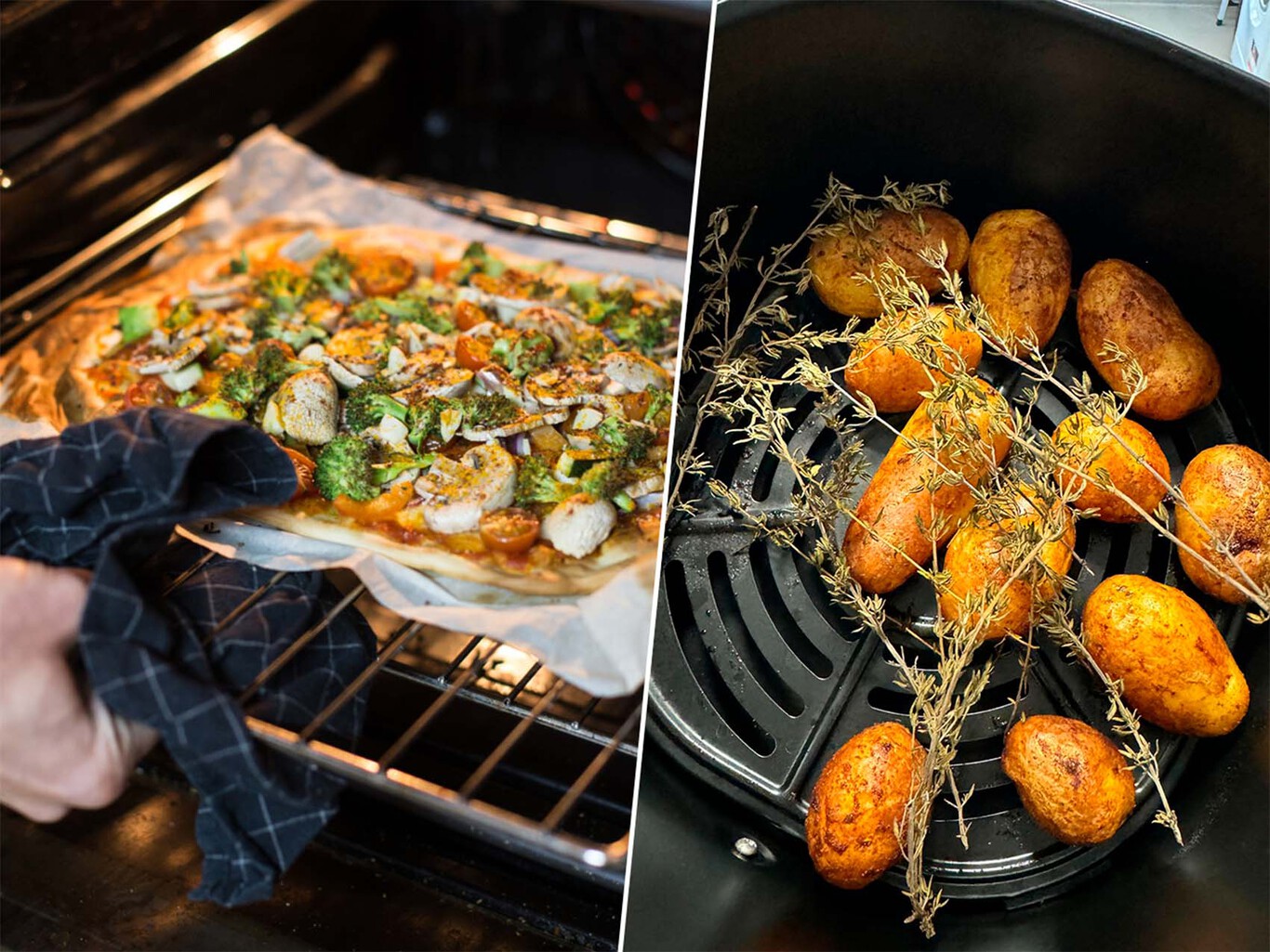 Freidora de aire y horno convencional lado a lado en una cocina moderna