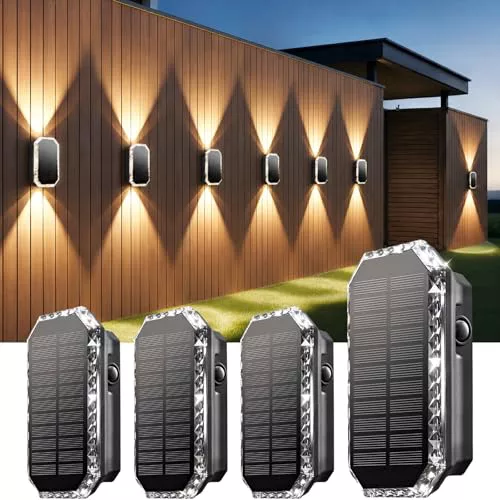 SUNNMO Aplique Solar Exterior Pared, 4 Piezas Luces Solares Exterior Arriba y Abajo, Lamparas Solares 3 Colores Luz Calida Blanca, IP65 Impermeable Luz Solar Pared Patio Jardin Muro, 3000K/4000K/6500K