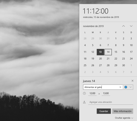 Calendario Windows 10 1909