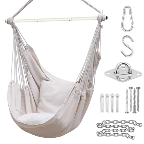 Ohuhu Silla Colgante Silla de Hamaca con 2 Cojines y Kit de instalación, Tejido de algodón para Mayor Comodidad, Durabilidad para Interiores y Exteriores, Dormitorio, Patio, Beige
