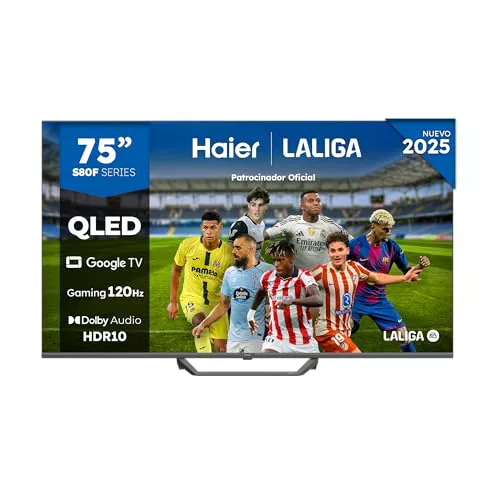 Haier QLED 4K UHD H75S80FUX 75 Pulgadas Smart TV, Google TV, Dolby Audio, HDR 10, Smart Remote Control, Google Assistant, Bluetooth 5.1, 120Hz Gaming, USB 2.0, DBX TV, HDMI 2.1 x 4, Sin Marcos, 2025