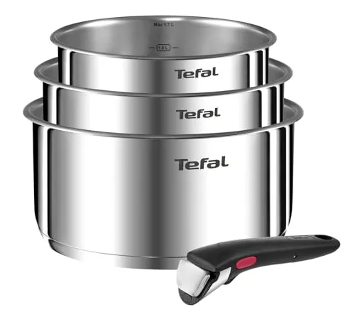 Tefal Ingenio Emotion - Juego de 3 Cazos, Acero Inox, Sin Revestimiento