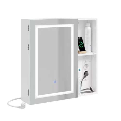 SoBuy Armario Baño Pared con Espejo Luz & Enchufe Mueble Baño 60x15x60 cm