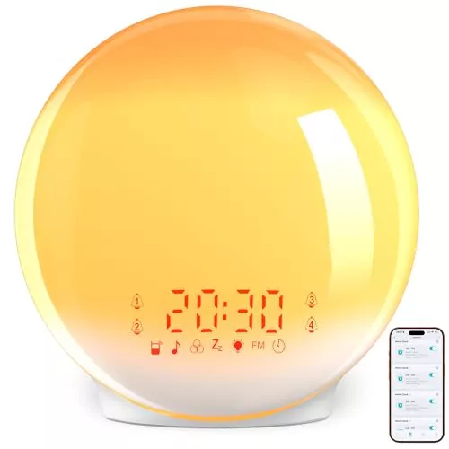 ARTINABS Despertador Luz, Wake Up Light, Despertador con Simulación de Amanecer y Atardecer, App Control, 4 Alarmas, Snooze, Calibración Automática de Hora, Radio FM, 7 Sonidos, 12 Colores