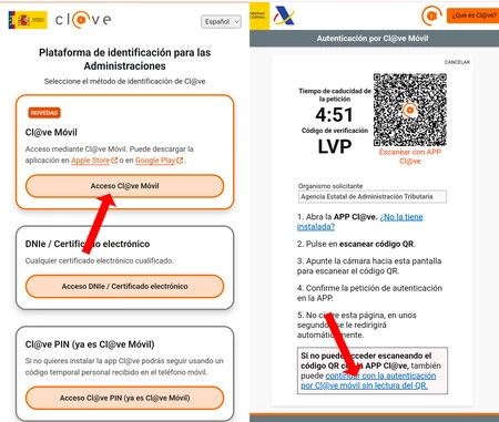 Si la identificación con Cl@ve móvil muestra un código QR, hay que elegir la opción inferior
