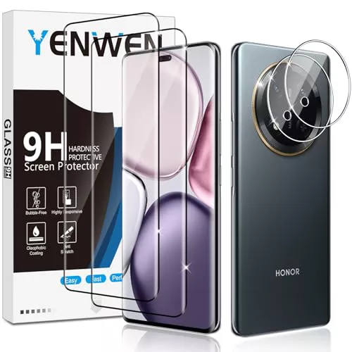 Yenwen Protector de Pantalla para Honor Magic 7 Lite, 2 Piezas Cristal Templado con 2 Piezas Protector de Lente de Cámara para Honor Magic7 Lite, 9H Dureza Ultra Resistente Vidrio Templado
